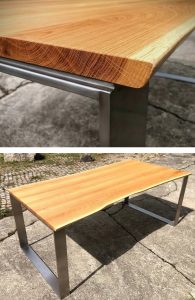 Tisch aus heller Eiche mit Baumkante und Gestell aus Edelstahl Tischlerei Dresden Möbel