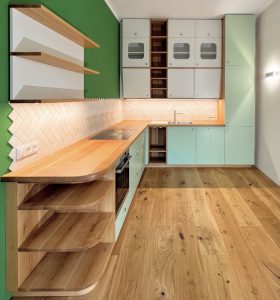 Küche Eiche-Arbeitsplatte lackierte Küchen-Front Tischlerei Dresden