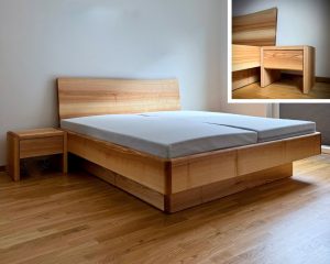 Massivholz Bett mit großen Schubladen und Nachttisch