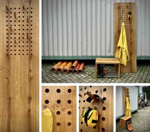 Diese Garderobe bietet variable und individuelle Aufteilungsmöglichkeiten und die Schuhbank auf fünf Edelstahlrohren luftige Stellfläche auch für hohe Schuhe.